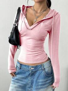 StreetHx Áo nỉ có mũ trùm đầu cổ chữ V đơn sắc có dây rút dành cho nữ - Hồng - Xem 3