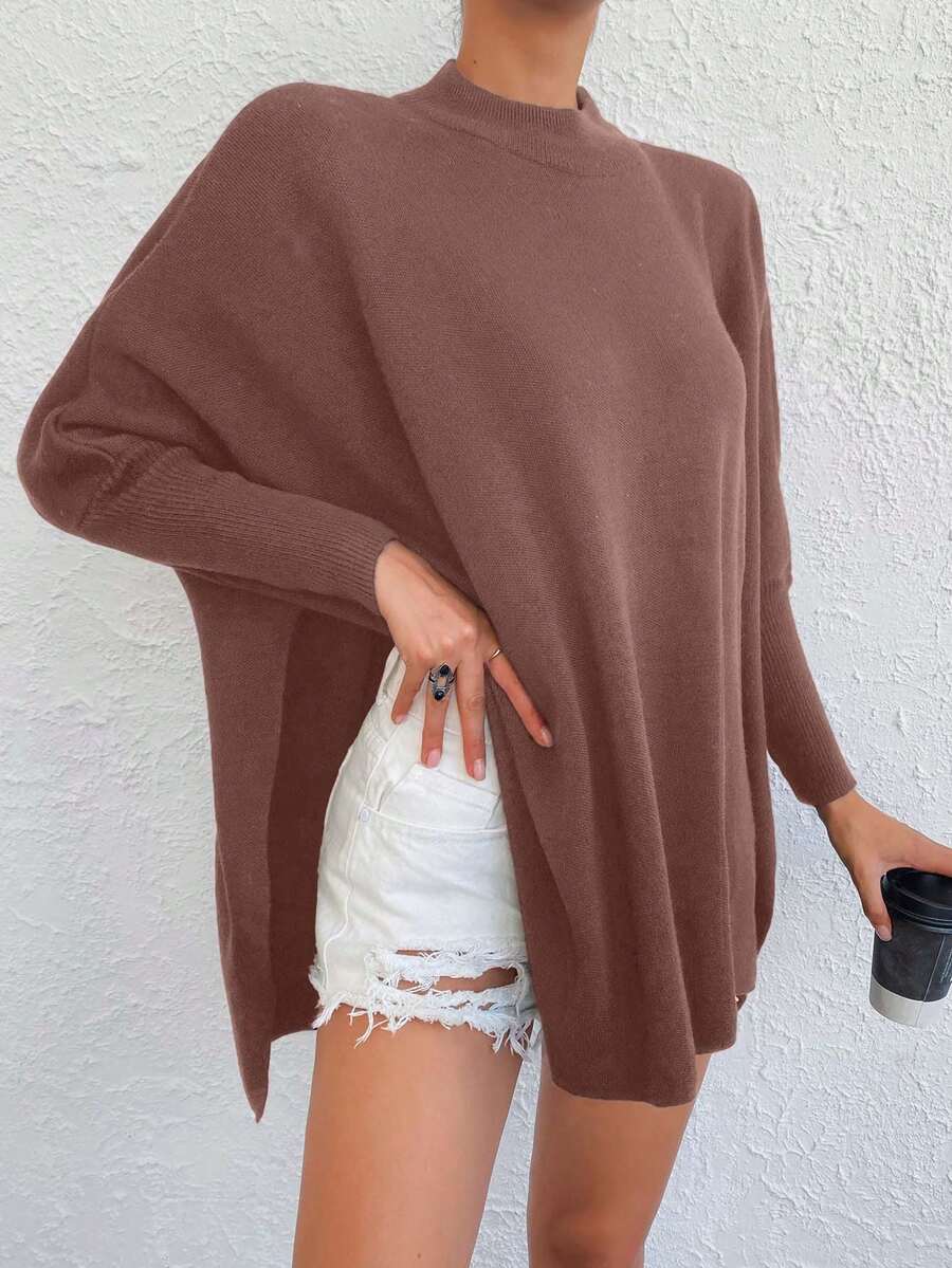 SHEIN Cottnline Casual Solid Color Batwing Sleeve Side-Slit Sweater, Autumn/Winter - Rusty Rose - View 1