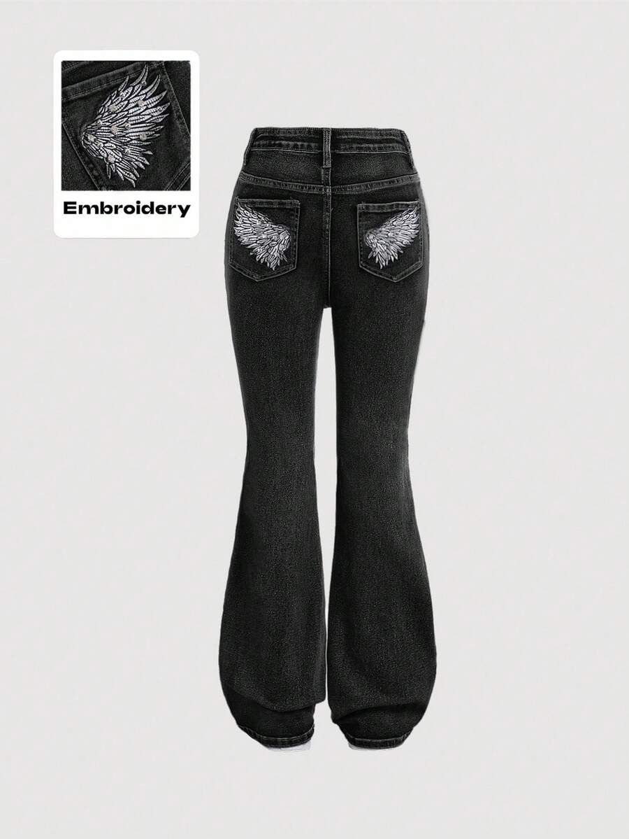 SHEIN Girlism Teen Girls Y2K Fashionable Embroidered Beaded Stonewashed Denim Flare Leg Jeans With Pockets, Girls Fall Clothes Homecoming Concert Outfits, Wing Jeans, Flare Jeans, Bell Bottom Jeans, Embroidered Jeans, Rhinestone Jeans Winter - Black - View 1