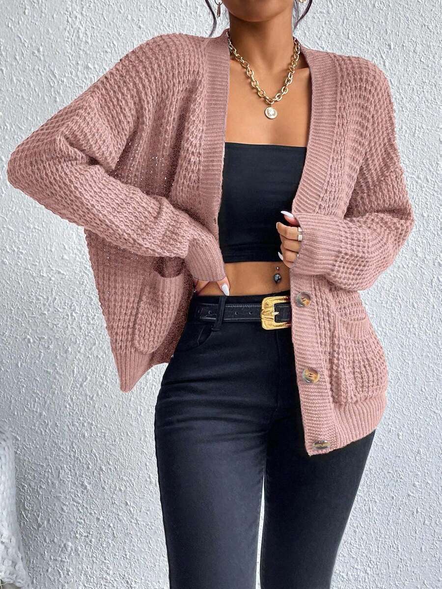 Women's Solid Color Drop Shoulder Long Sleeve Single-Breasted Casual Pocket Cardigan, Autumn,Cardigans,Petite,Tall