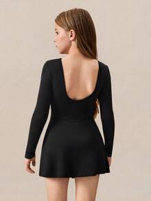 SHEIN 青少年女孩黑色休闲连衣裙，时尚运动服，独特下摆设计，可拆卸蝴蝶结 - 黑色 - 查看 2