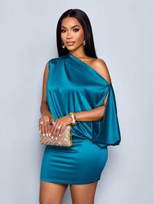 SOLERSUN Women's Elegant Asymmetric Collar Satin Bodycon Mini Dress For Women - Teal Blue - View 5