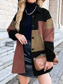 EMERY ROSE Fall Winter Women Multi-Color Clash Coat,Casual Black Brown Contrast Detail Design Button Shirt Collar Pocket,Business Office Workplace Occasion Coat - Brown - View 4