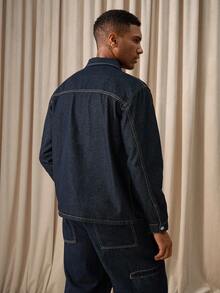 Manfinity Homme 男士长袖休闲商务水洗牛仔衬衫，春秋季送给男友和老公 - 深色水洗藍 - 查看 2