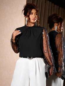 Cravure Plus Size Women Fashionable Elegant Luxury Casual Commuter Sequin & Mesh Splice Design Collar Blouse Fall Cloth For Women - Black - View 4