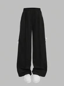 SHEIN Girlism 2件套少女休闲宽松针织圆领蝴蝶结印花褶皱套头卫衣和短裤套装，适合日常穿着、返校、度假、家庭户外活动、春季野餐 - 黑與白 - 查看 11