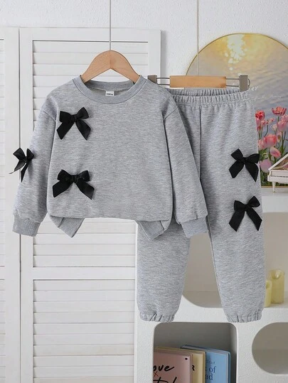 Elladie kids Set de 2 piezas de ropa deportiva casual para primavera/otoño para niñas jóvenes: Sudadera de cuello redondo de manga larga color rosa con decoración de lazo 3D y pantalón jogger de cintura elástica