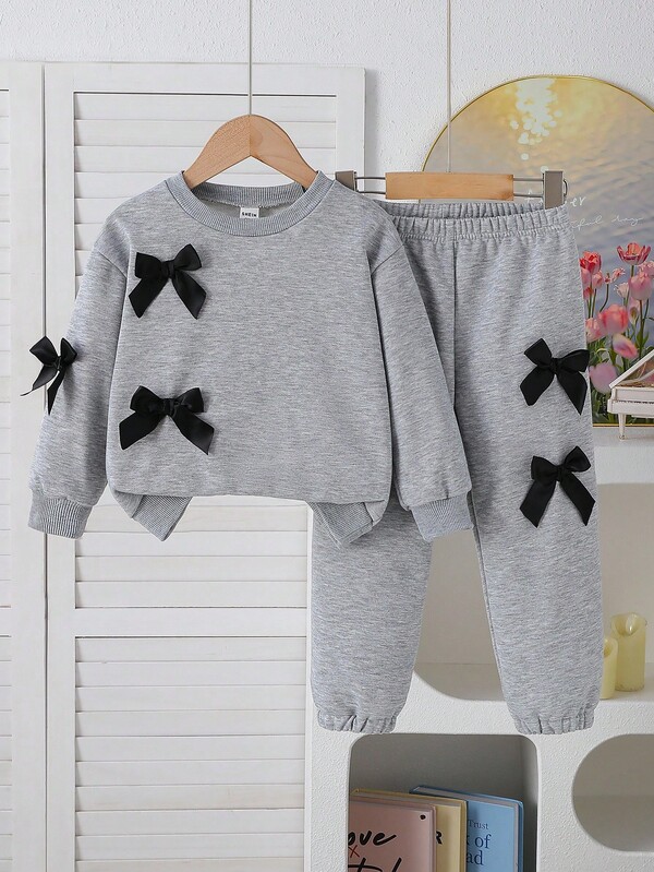 Elladie kids 2pcs/Set Young Girls Fashion Pink Crew Neck Long Sleeve Sweatshirt With 3D Bowknot Decor & Elastic Waist Jogger Pants, Casual Sportswear For Spring/Autumn Fall Winter