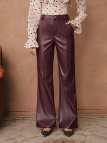 SHEIN Unity Plum Red Micro Flare PU Leather Pants, Spring/Autumn - Red Violet - View 6
