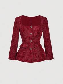 SHEIN MOD Plus Size 2pcs/Set Red Tweed Single-Breasted Square Collar Jacket And Skirt Set, Business Casual Woman,Back To School Clothes,Office Outfits For Women,Vintage Clothes Women,Back To School Clothes,Fall Clothes For Women,Fall Dresses For Women,Old Money,Holiday Outfits For Women