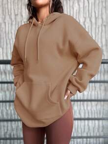 EURMUSE Cotton Pocket Drop Shoulder Drawstring Thermal Hoodie - Light Grey - View 3