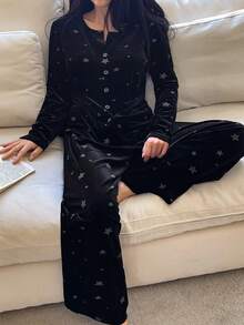 DAZY 女士星星印花天鹅绒睡衣套装，秋冬，秋季服装 - 黑色 - 查看 7