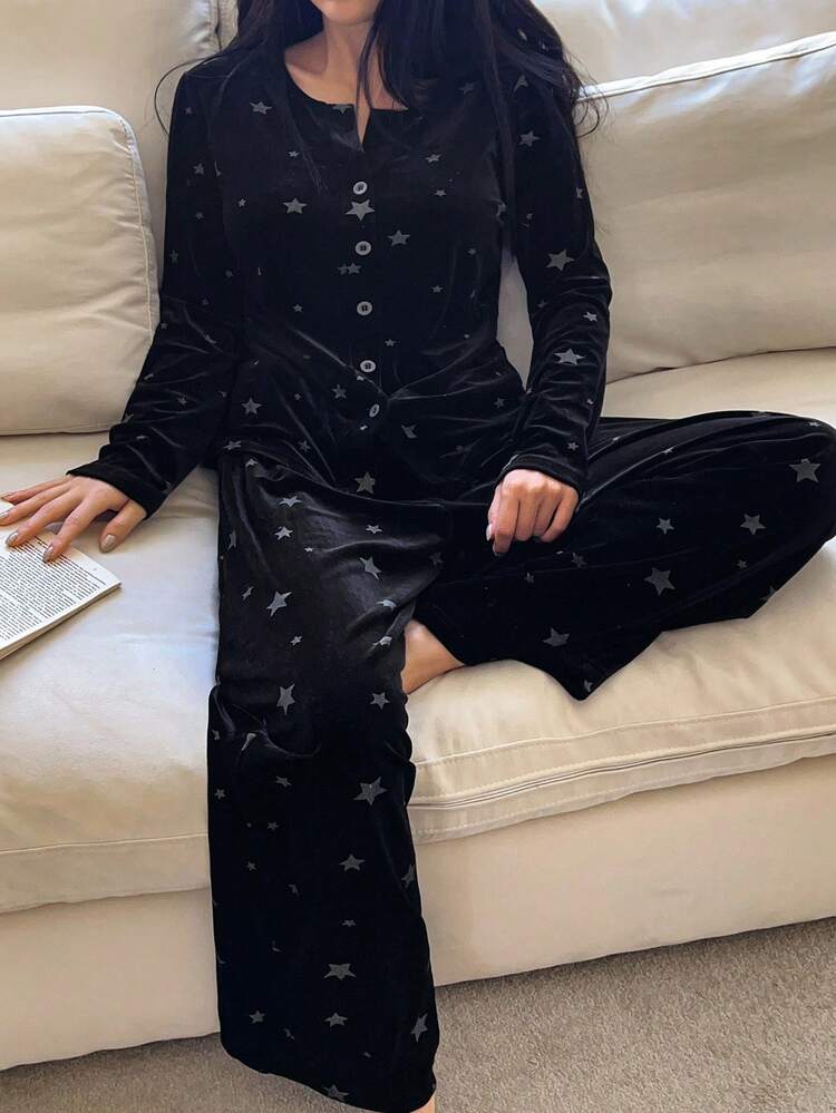 Women's Star Print Velvet Pajama Set, Autumn/Winter, Fall Clothes