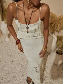 Bóhologie White Crochet Knit Maxi Dress With Off-Shoulder Layer And Spaghetti Straps Women Summer Clothing  Suitable For Everyday, Out Of The Street, Holiday And Other Occasions To Wear - Beige - View 8