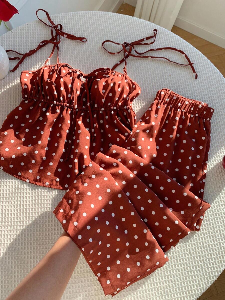 Comfortcana 女士休闲波尔卡圆点印花吊带背心和裤子两件套，夏季 - 棕色 - 查看 1