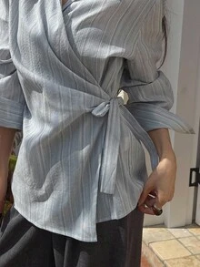 Livesso Women's Autumn Oblique Collar Tie-Up Striped Casual Shirt Long Sleeve Top