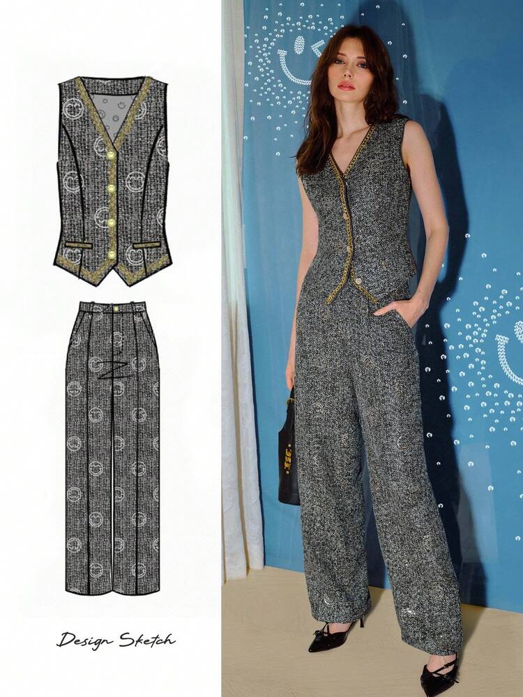 S.W.Smiley x MOTF TWEED CONTRAST SEQUIN SMILE FACE PATTERN SEAM FRONT WIDE LEG PANTS