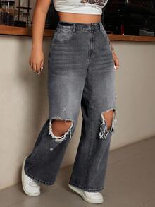 EURMUSE Plus Size Women High Waist Pockets Distressed Wide Leg Loose Casual Jeans - Grey - View 1