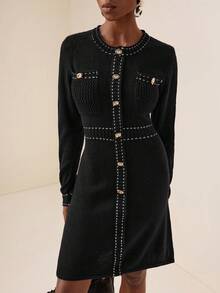 Lyxana Women's Autumn/Winter Elegant A-Line Single-Breasted Long Sleeve Knitted Dress Fall Cloth For Women - Black - View 4