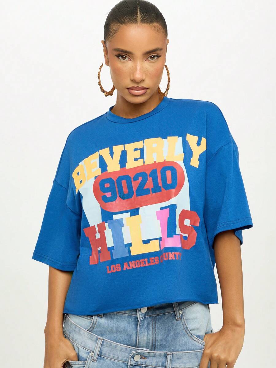 SUMWON WOMEN Áo thun oversized in họa tiết Beverly Hills Los Angeles County phong cách đường phố cổ điển 90210, dáng rộng, thoải mái, thời trang mùa hè, dáng suông, tuyên bố thời trang - Màu xanh hải quân - Xem 1