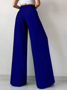EURMUSE Women's Solid Color Wide Leg Suit Pants - Navy Blue - View 2