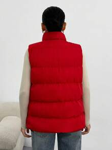 EURMUSE Women High Neck Zip Detailed Vest Winter Coat - Red - View 2