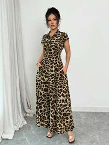 Rafferiza Women's Elegant Leopard Print Collared Short Sleeve Button Down Waist Dress Long Leopard Dress Women Leopard Dress Casual Leopard Print Dress Leopard Print Dress Animal Print Maxi Dress