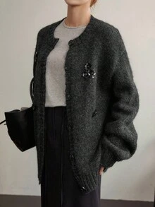 DAZY Loose Business Casual Chic Street Elegant Sequin Beaded Knit Cardigan For Women, Suitable For Autumn & Winter, New Year & Christmas - Black - View 9