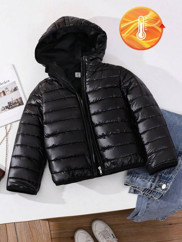 SHEIN 1 pièce Manteau matelassé à capuche pour filles, couleur unie, simple et polyvalent, automne/hiver