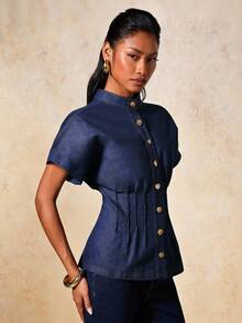 COSMINA Women's Stand Collar Batwing Sleeve Fashionable Denim Effect Waist Top - Blue - View 7