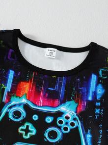 2 件套 Gamer Boy 霓虹灯印花圆领长袖上衣和裤子柔软弹力针织家居服套装 - 彩色 - 查看 4