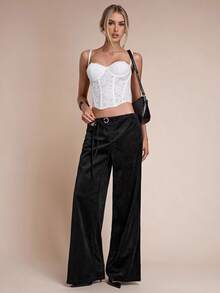 SHEIN BAE Quần ống rộng nhung rộng rãi - màu đen - Xem 3