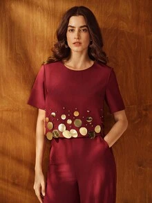 Anewsta Women's Party Sequin Beaded Regular-Shoulder Short Sleeve Crop Top - Burgundy - View 4