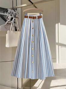 Franclia Váy Maxi xếp ly thời trang thường ngày đa năng cạp chun kèm thắt lưng da nâu - Màu xanh lam - Xem 3