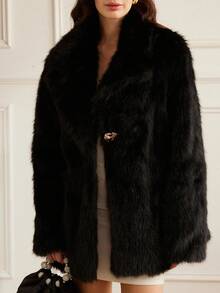 Aveloria Rosie Collar Long Sleeve Fuzzy Solid Color Midi Furry Coat