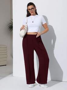 SHEIN EZwear 酒红色加大码女式纯色褶皱休闲宽松裤 - 酒紅色 - 查看 3