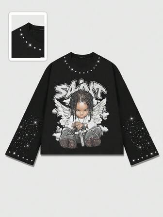 Street Life Herren Langarm T-Shirt mit funkelndem Diamant-Muster, locker geschnittener Crop-Stil, Herbst