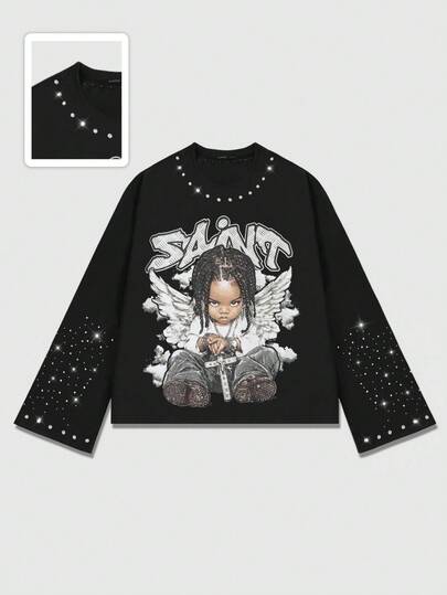 Street Life Camiseta de manga larga con estampado de diamantes brillantes en estilo holgado y corto para hombre, otoño