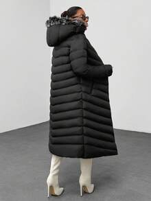 EURMUSE Schwarzer langer gepolsterter Mantel mit Kunstfellkapuze langer gepolsterter Mantel Damen Wintermantel für Frauen Damen lange Jacke gesteppter langer Mantel - Schwarz - Übersicht 2