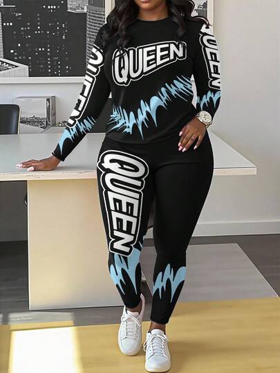 Maweii 2pcs Queen Slogan Wavy Pattern Crew Neck Long Sleeve Top And Leggings Set, Plus Size Fall Cloth For Women