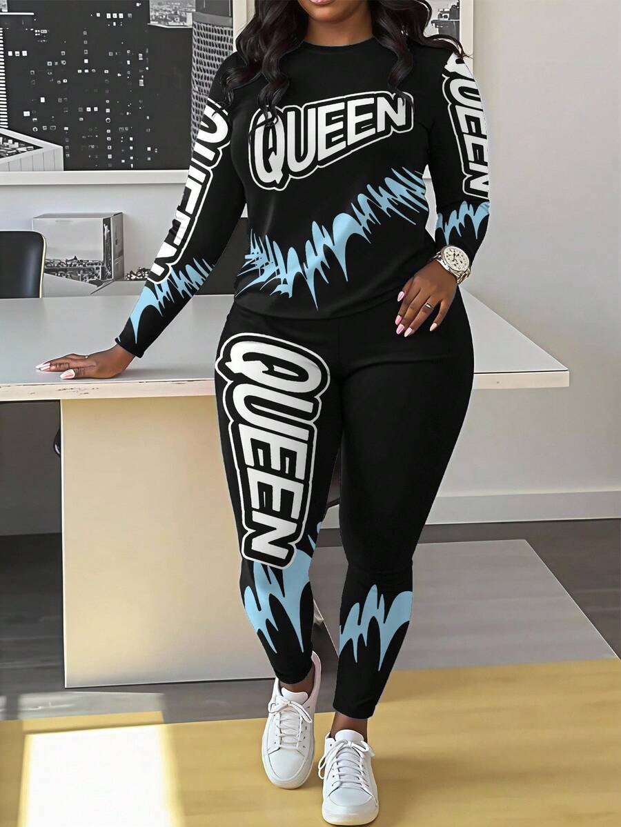 Maweii Bộ 2 chiếc áo thun cổ tròn tay dài họa tiết gợn sóng Queen Slogan và quần legging, size lớn - Nhiều màu - Xem 1