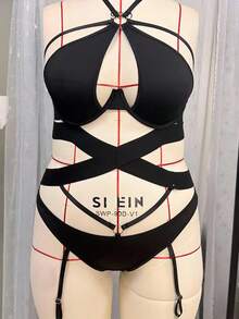 SHEIN 加大码束缚带钢圈性感紧身衣 - 黑色 - 查看 6