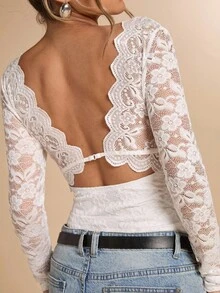 SHEIN BAE 秋冬纯白色性感蕾丝长袖露背上衣，性感露背上衣，秋季上衣，露背汗衫，外套上衣，秋季女装，老款，性感简约女式上衣，适合派对，鸡尾酒会，正式场合，生日上衣 - 白色 - 查看 7