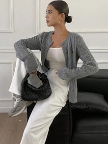 DAZY Women's Casual Loose Fit Gray Cardigan Sweater, Autumn/Winter