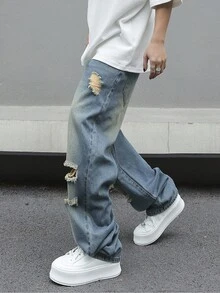 Manfinity EMRG Men's Distressed Jeans With Pockets Baggy Long Ripped Frayed Jean Cargo Plain Dark Blue Going Out Street Wear Rapper Going Out Vacation Urban Hang Out Street - Medium Wash - View 6