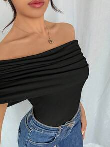 Rafferiza 女士优雅露肩褶边紧身衣，修身款，夏季