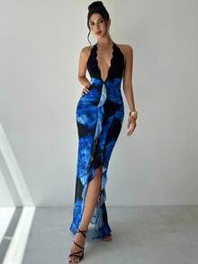 Firerie Đầm Maxi Ôm Body Dáng Chữ A Màu Xanh Thanh Lịch, Cổ Chữ V, Hở Lưng, Ren Họa Tiết Nghệ Thuật, Đường Riềm Xếp Nếp, Dành Cho Nữ, Thích Hợp Đi Biển, Nghỉ Dưỡng, Tiệc Tùng, Lễ Hội Âm Nhạc - Màu xanh lam - Xem 5