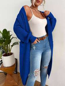 EURMUSE Áo khoác cardigan dài tay trơn, trang phục thường ngày giản dị, áo khoác cardigan màu đỏ tía, áo khoác cardigan dài dành cho nữ, áo len cardigan dài - Xanh đậm - Xem 4