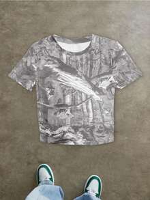 SHEIN Women's Leaf Digital Print Round Neck Short Sleeve Cropped Casual T-Shirt