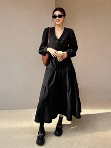 K-Vae 女秋冬黑色V领吊带长袖长裙蝴蝶结装饰连衣裙学院风韩版万圣节服装别致秋季 - 黑色 - 查看 6